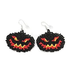 Glass Seed Braided Jack-O-Lantern Dangle Earrings, Alloy Wire Wrap Halloween Earrings for Women, Red, 51mm, Pin: 0.6mm(EJEW-B012-07)