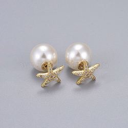 Brass Micro Pave Clear Cubic Zirconia Stud Earrings, with Acrylic Imitation Pearl, Long-Lasting Plated, Star, Real 18K Gold Plated, 11.5x12mm, Pin: 0.7mm(EJEW-K083-07G)