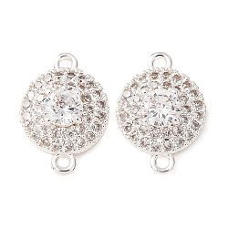Brass Pave Clear Cubic Zirconia Connector Charms, Flat Round Links, 925 Sterling Silver Plated, 13x9x4mm, Hole: 1mm(CU-CBAEC99-06S)