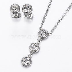 304 Stainless Steel Jewelry Sets, Stud Earrings and Pendant Necklaces, with Rhinestone, Flat Round, Stainless Steel Color, 17.72 inch(45cm), 6x3mm, Pin: 0.8mm(SJEW-H101-11P)