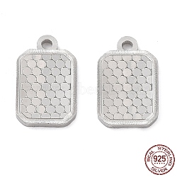 Rhodium Plated 925 Sterling Silver Charms, Rectangle with Polka Dot Charm, Textured, Real Platinum Plated, 13x8x1.2mm, Hole: 1.4mm(STER-C003-02P)