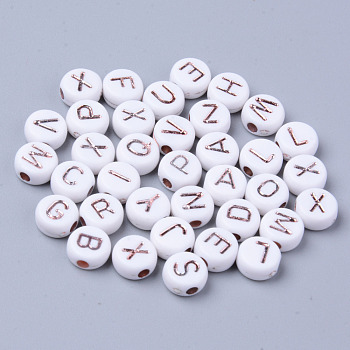 Opaque White Acrylic Beads, Metal Enlaced, Horizontal Hole, Flat Round with Rose Gold Plated Random Letters, 7x3.5mm, Hole: 1.8mm, about 3700pcs/500g
