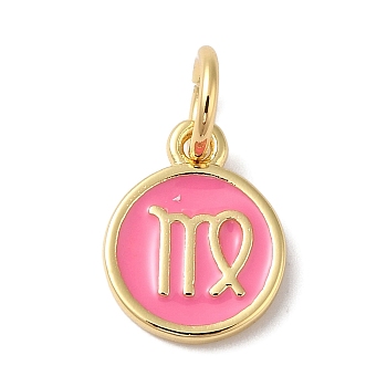 Real 18K Gold Plated Brass Enamel Charms, with Jump Ring, Long-Lasting Plated, Lead Free & Cadmium Free, Flat Round with Virgo Charms, Pearl Pink, 10x8x1mm, Hole: 4mm