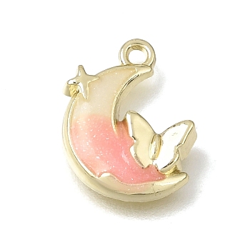 Brass Resin Pendants, Crescent Moon with Butterfly & Star Charms, with Glitter Powder, Light Gold, 15x11x3mm, Hole: 1.4mm
