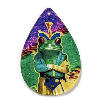 Carnival Acrylic Pendants, Teardrop, Frog, 49.5x32.5x2.5mm, Hole: 1.6mm