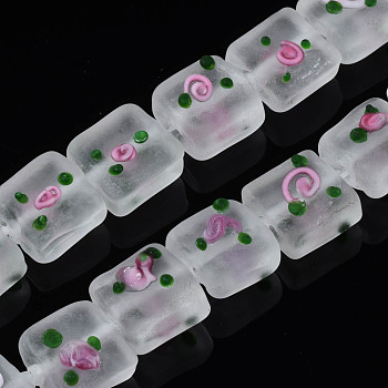 Handmade Frosted Lampwork Beads Strands, Square with Flower, Clear, 13~14.5x12~13x7~9mm, Hole: 1.5mm, about 35pcs/strand, 17.72 inch(45cm)