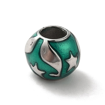 304 Stainless Steel Enamel European Beads, Large Hole Beads, Rondelle with Dolphin & Starfish Pattern, Stainless Steel Color, 10.5x9.5mm, Hole: 5mm