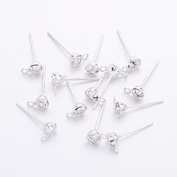 Brass Post Earring Findings, with Loop and Rhinestone, Silver Color Plated, about 4mm wide, 15mm long, hole: 0.5mm, Pin: 0.8mm