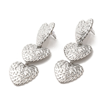 304 Stainless Steel Dangle Stud Earrings, Textured Heart, Stainless Steel Color, 64x22mm