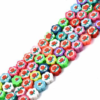 Handmade Polymer Clay Bead Strands, Flower with Rose, Mixed Color, 9x9~9.5x4~4.5mm, Hole: 1.5mm, about 40pcs/strand, 13.98 inch~14.37 inch(35.5~36.5cm)