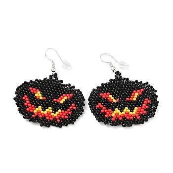Glass Seed Braided Jack-O-Lantern Dangle Earrings, Alloy Wire Wrap Halloween Earrings for Women, Red, 51mm, Pin: 0.6mm