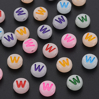Acrylic Beads, Glow in the Dark, with Enamel and Luminous, Horizontal Hole, Flat Round with Alphabet, Letter.W, 6.5x7x4mm, Hole: 1.6mm, about 3600pcs/500g