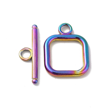 Ion Plating(IP) 304 Stainless Steel Toggle Clasps, Square, Rainbow Color, Square: 18x13.5x2mm, Hole: 3mm, Bar: 19.5x6x2mm, Hole: 3mm