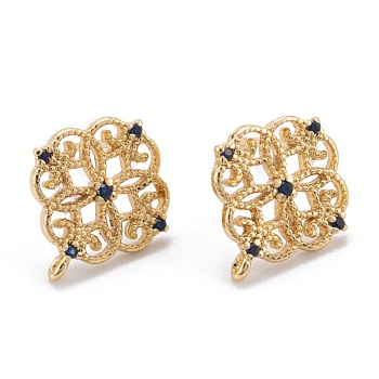 Brass Stud Earring Findings, with Cubic Zirconia and Loop, Real 18K Gold Plated, Flower, Blue, 13.5x12mm, Hole: 0.8mm, Pin: 0.8mm