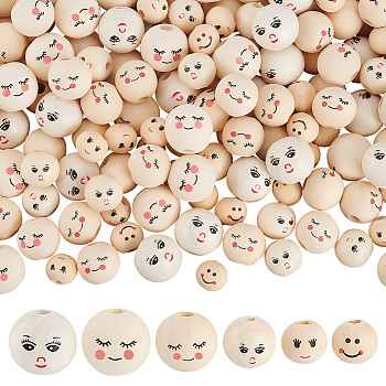 Elite 180Pcs 6 Styles Printed Wood Beads, Round with Smiling Face Pattern, Undyed, Mixed Color, 12~18x11~17mm, Hole: 2.9~5mm, 30pcs/style