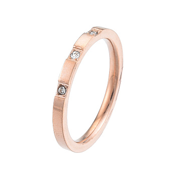 Crystal Rhinestone Simple Thin Finger Ring, 201 Stainless Steel Jewelry for Women, Rose Gold, Inner Diameter: 17mm