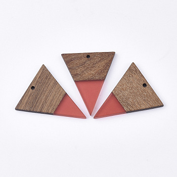 Resin & Walnut Wood Pendants, Triangle, Salmon, 37.5x31x3mm, Hole: 1.8mm