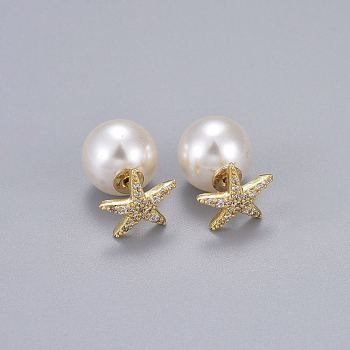 Brass Micro Pave Clear Cubic Zirconia Stud Earrings, with Acrylic Imitation Pearl, Long-Lasting Plated, Star, Real 18K Gold Plated, 11.5x12mm, Pin: 0.7mm