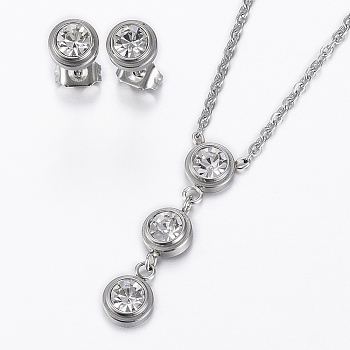 304 Stainless Steel Jewelry Sets, Stud Earrings and Pendant Necklaces, with Rhinestone, Flat Round, Stainless Steel Color, 17.72 inch(45cm), 6x3mm, Pin: 0.8mm