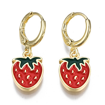 Brass Enamel Huggie Hoop Earrings, Nickel Free, Strawberry, Real 16K Gold Plated, Red, 27.5x10.5mm, Pin: 1mm