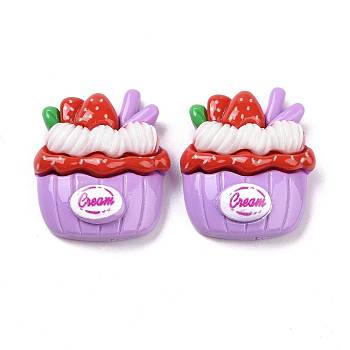 Opaque Resin Cake Decoden Cabochons, Imitation Food, Lilac, Strawberry Pattern, 29x25x10mm