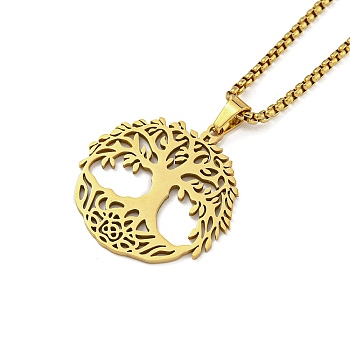 201 Stainless Steel Pendant Necklaces for Man, Tree with Flat Round with Tree of Life, Real 18K Gold Plated, 23.62 inch(60cm), Tree: 34.5x32x1.3mm