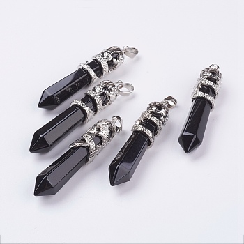 Natural Black Stone Big Pointed Pendants, with Alloy Findings, Faceted, Bullet, Platinum, 59~63x11~12mm, Hole: 4x7mm