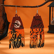 Ghostly Castle Pattern Glass Bead Handmade Tassel Earrings for Women, Platinum, 95x32mm(ZN4974)