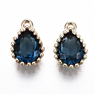 Glass Charms, with Brass Findings, Light Gold, Long-Lasting Plated, Cadmium Free & Lead Free, Teardrop, Prussian Blue, 12x7.5x4~5mm, Hole: 1.2mm(KK-S359-129-A05-RS)