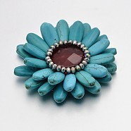 Dye Synthetic Turquoise Flower Cabochons, with Cat Eye, Plated Glass Beads and Platinum Color Metal Findings, Dark Turquoise, 74x15mm(G-N0036-07)