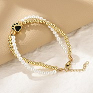 Brass Multi-strand Bracelets, Enamel Charms Bracelets for Women, Paw Print, Ion Plating(IP), Real 18K Gold Plated, with Plastic Pearl & 304 Stainless Steel Lobster Clasp, Black, 7-1/4 inch(18.3cm)(BJEW-M056-09G-04)