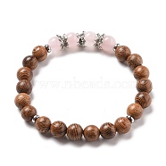 Stretch Bracelets, with Round Natural Rose Quartz Beads, Natural Wood Beads, Alloy Bead Caps and 304 Stainless Steel Spacer Beads, Inner Diameter: 2-1/8 inch(5.5cm)(BJEW-JB05523-04)