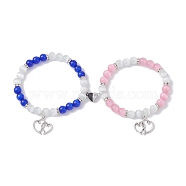 2Pcs 2 Color Valentine's Day Cat Eye Round Beaded Stretch Bracelets Set, Heart Magnetic Alloy Couple Bracelets, Mixed Color, Inner Diameter: 2-3/8~2-1/2 inch(6~6.5cm), 1Pc/color(BJEW-TA00432)