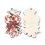 Single Face Printed Wood Big Pendants, Christmas Charms, Candy Cane, 57.5x34x2.5mm, Hole: 2mm(WOOD-D025-06)