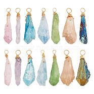 14Pcs 7 Colors Electroplated Natural Quartz Crystal Copper Wire Wrapped Pendants, Nuggets Charms, Golden, Mixed Color, 28~43mm, Hole: 3.5mm, 2pcs/color(PALLOY-AB00205)