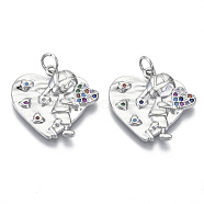 Brass Micro Pave Cubic Zirconia Pendants, Nickel Free, with Jump Rings, for Mother's Day, Heart with Boy, Colorful, Real Platinum Plated, 19.5x20.5x3mm, Jump Ring: 5x0.6mm, inner diameter: 3mm(ZIRC-S061-172P-NF)