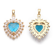 Brass Micro Pave Clear Cubic Zirconia Pendants, with Glass, Flower, Real 18K Gold Plated, Deep Sky Blue, 26x21x6.5mm, Hole: 4x2.5mm(KK-I695-014B)