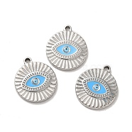 304 Stainless Steel Enamel Pendants, Flat Round with Evil Eye Charm, Stainless Steel Color, 21x18.5x2.5mm, Hole: 2mm(STAS-Q001-29P)