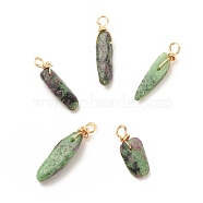 Natural Ruby in Zoisite Pendants, Twisted with Golden Tone Copper Wire, Chip, 17~29x8~10x5.5~9mm, Hole: 2.5~3.2mm(PALLOY-JF01582-02)