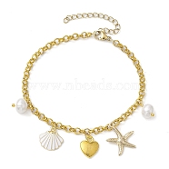 Natural Pearl & Iron Rolo Chain Bracelets, Summer Beach Shell & Starfish Charm Bracelets for Women, Golden, 9-3/8 inch(23.8cm)(BJEW-JB10364)