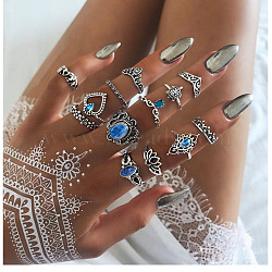 13Pcs Alloy with Synthetic Turquoise Finger Rings, Flower/Oval/Tortoise, Antique Silver, Inner Diameter: 15~18mm(FS-WG21963-03)