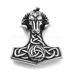 Viking 304 Stainless Steel Big Pendants, Mjolnir Thor Hammer with Triple Horn Charm, Antique Silver, 50x40.5x11.5mm, Hole: 3.5mm(STAS-N105-02F-AS)