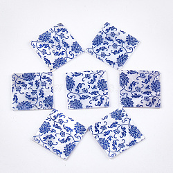 Printed Freshwater Shell Cabochons, Square with Flower, Blue, 29~30x29~30x1.5~2mm(SHEL-S276-08)