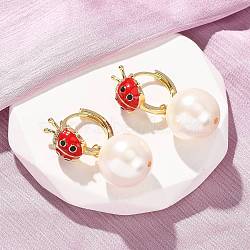 Ladybug with Round Brass Micro Pave Cubic Zirconia Hoop Earrings, with Enamel & Glass Beads, Cadmium Free & Lead Free, Long-Lasting Plated, Rack Plating, Real 18K Gold Plated, 34.5x16mm(EJEW-Z164-26G)