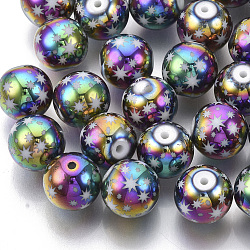 Christmas Electroplate Glass Beads, Round with Star Pattern, Multi-color Plated, 10mm, Hole: 1.2mm(EGLA-R113-07D)