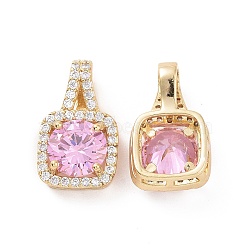 Brass Micro Pave Cubic Zirconia Pendants, Real 18K Gold Plated, Square Charms, Pink, 18x11x6mm, Hole: 6x3.5mm(KK-E068-VC427)