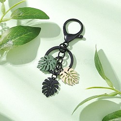 Baking Paint Alloy Keychains, Leaf, with Lobster Claw Clasps, Black, 89mm(KEYC-JKC01389)