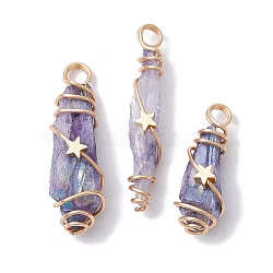 Electroplated Natural Quartz Crystal Dyed Copper Wire Wrapped Pendants, Teardrop Charms with Brass Star, Golden, Lilac, 28~39x8~12x8mm, Hole: 4mm(PALLOY-JF02326-02)