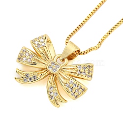 Brass Micro Pave Clear Cubic Zirconia Pendant Necklaces, Bowknot, Real 18K Gold Plated, 17.87 inch(454mm), Bowknot: 15x20mm(NJEW-M220-04B-G)