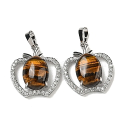 Natural Tiger Eye with Clear Cubic Zirconia Pendants, Apple Charms with Rack Plating Brass Findings, Platinum, Cadmium Free & Lead Free, 28.5x25.5x9~10mm, Hole: 7x5mm(G-G133-03P-26)